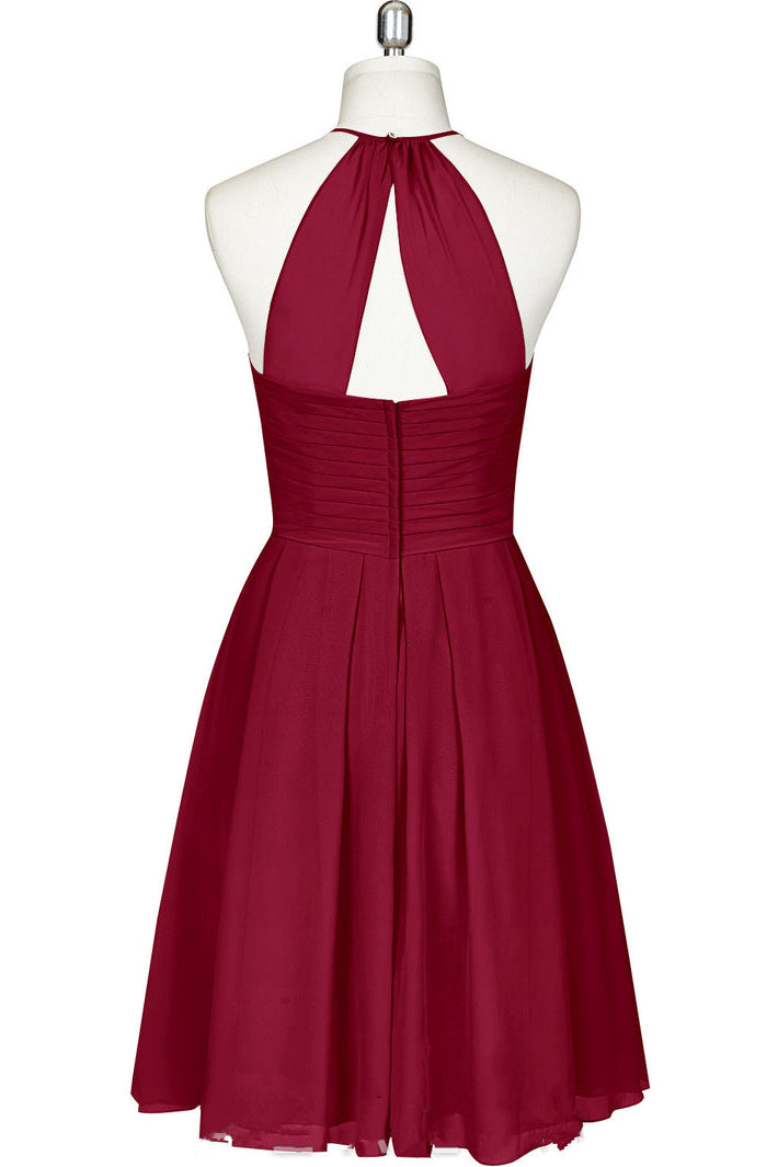 Homecoming Dress 2038, Cute Halter Burgundy Chiffon Knee Length Bridesmaid Dress