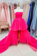 Backless Dress, High Low Hot Pink Strapless Formal Gown