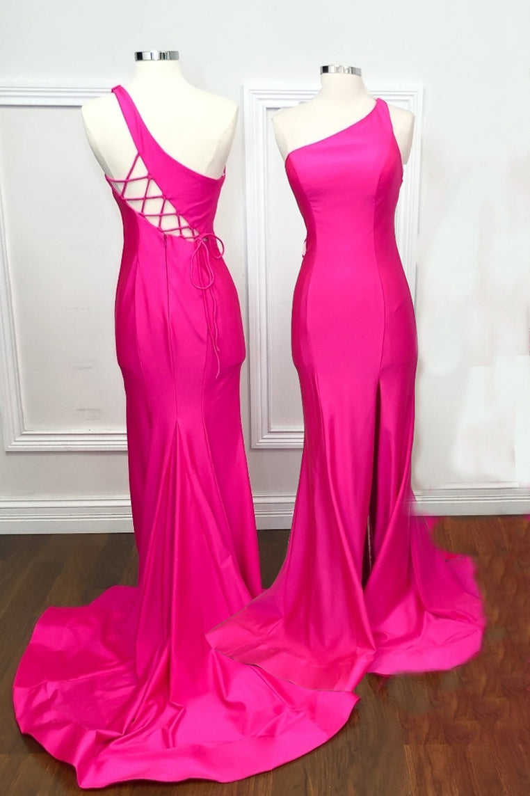 Bridesmaid Dress Formal, One Shoulder Hot Pink Mermaid Long Formal Dress