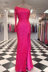 Bridesmaid Dress Ideas, One Shoulder Long Sleeve Mermaid Sequin Long Dress