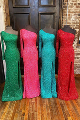 Bridesmaid Dress Colors, One Shoulder Long Sleeve Mermaid Sequin Long Dress