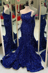 Homecoming Dresses Floral, Strapless Royal Blue Sequins Mermaid Long Formal Dress