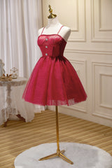 Evening Dress Elegant, Chic Burgundy Spaghetti Straps Lace Tulle Short Homecoming Dresses