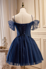 Prom Dress Off The Shoulder, Dark Navy Spaghetti Straps V Neck Tulle Short Homecoming Dresses