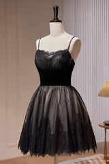 Bridesmaid Dresses Chiffon, Black Spaghetti Straps Lace Tulle Short Homecoming Dresses