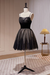 Bridesmaid Dress Summer, Black Spaghetti Straps Lace Tulle Short Homecoming Dresses