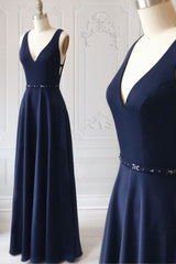 Prom Dresses For 19 Year Olds, Navy Blue V-neck Floor Length Simple Cute Long Prom Dresses