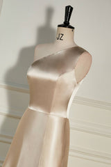 Homecoming Dresses Black, Champagne One Shoulder A-line Satin Long Dress with Slit