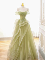 Prom Dress Beautiful, Off the Shoulder Green Tulle Long Beaded Prom Dresses, Off Shoulder Green Tulle Long Formal Evening Dresses