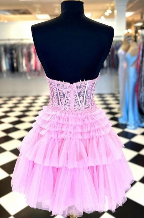 Formal Dress For Wedding Guests, Strapless Sheer Lace Corset Homecoming Dress with Ruffle Tulle Skirt