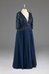 Bridesmaid Dress, Navy V-Neck Long Sleeves Lace Appliques Chiffon Prom Dress