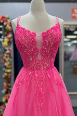 Bridesmaid Gown, V Neck Hot Pink Backless Lace Prom Dresses, Open Back Hot Pink Lace Formal Evening Dresses