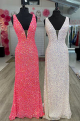 Beach Wedding Guest Dress, V neck Sequin Mermaid Long Prom Dress