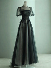 Short White Dress, A-Line Black Puff Sleeves Tulle Long Prom Dress, Black Formal Evening Dress