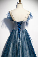 Beach Wedding, A-line Blue Tulle Long Beaded Prom Dress, A-Line Formal Evening Dress