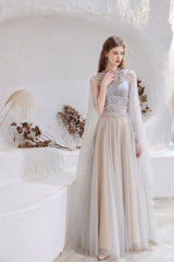 Prom Dresses Long Light Blue, A Line High Neck Sleeveless Beading Tulle Floor Length Prom Dresses