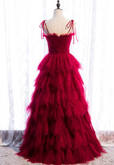 Bridesmaid Dresses Blushes, A-Line Long Spaghetti Strap Red Prom Dresses,Black Layers Tulle Evening Dress