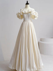 Evening Dresses Prom, A-Line Off Shoulder Beige Taffeta Long Prom Dresses, Beige Formal Evening Dress