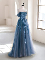 Club Dress, A-line Off Shoulder Gray Blue Tulle Long Prom Dress, Gray Blue Long Formal Dress