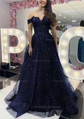 Black Dress Outfit, A-line Off-the-Shoulder Regular Straps Long/Floor-Length Tulle Prom Dress With Appliqued Glitter