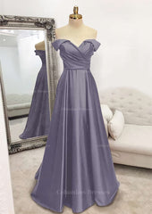 Bridesmaids Dress Ideas, A-line Off-the-Shoulder Sleeveless Long/Floor-Length Satin Prom Dress With Pleated