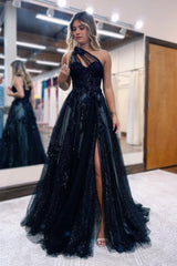 A Line One Shoulder Black Long Prom Dress with Appliques