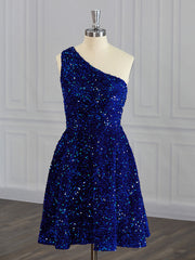 Homecoming Dresses Pink, A-line One-Shoulder Sequin Short/Mini Velvet Sequins Dress