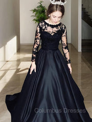 Formal Dresses And Gowns, A-Line/Princess Bateau Sweep Train Satin Evening Dresses With Pockets