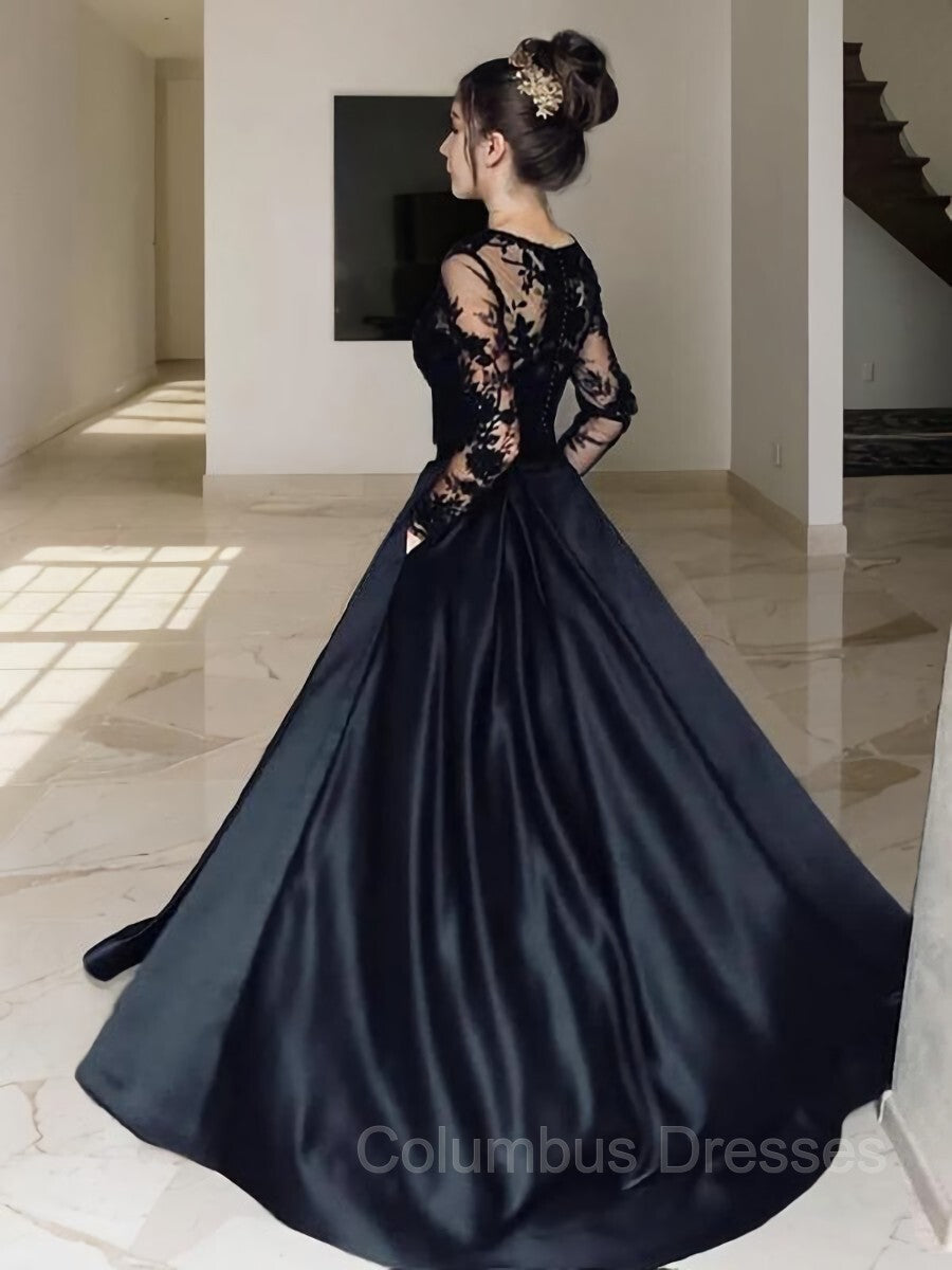 Formal Dress For Weddings, A-Line/Princess Bateau Sweep Train Satin Evening Dresses With Pockets