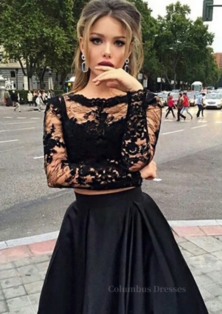 Party Dress Websites, A-Line/Princess Full/Long Sleeve Bateau Long/Floor-Length Satin Prom Dress With Appliqued