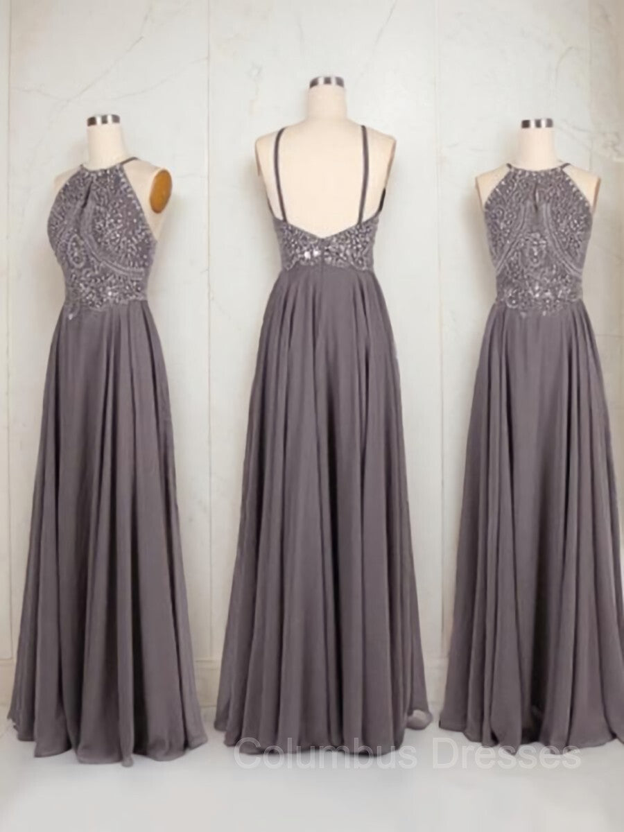 Homecoming, A-Line/Princess Halter Floor-Length Chiffon Prom Dresses With Beading