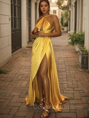 Evening Dress Maxi Long Sleeve, A-Line/Princess Halter Sweep Train Silk like Satin Prom Dresses With Leg Slit