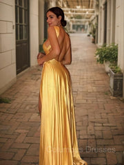 Evening Dresses, A-Line/Princess Halter Sweep Train Silk like Satin Prom Dresses With Leg Slit