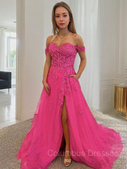 Evening Dresses Open Back, A-Line/Princess Off-the-Shoulder Court Train Tulle Prom Dresses With Leg Slit