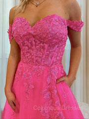 Evening Dress Elegant Classy, A-Line/Princess Off-the-Shoulder Court Train Tulle Prom Dresses With Leg Slit