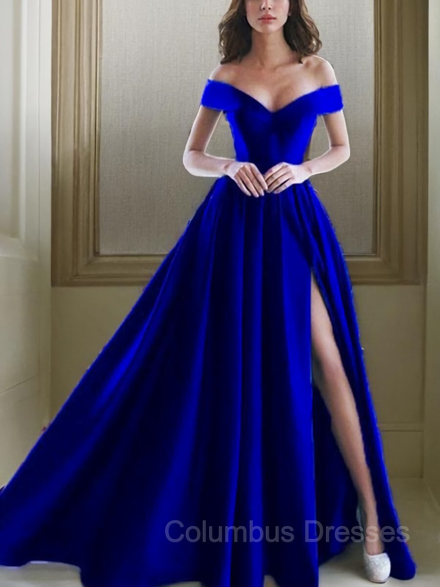 Prom Dress A Line, A-Line/Princess Off-the-Shoulder Floor-Length Satin Prom Dresses With Leg Slit