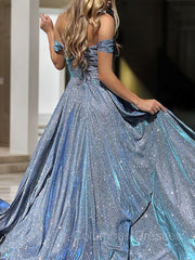 Evening Dresses Princess, A-Line/Princess Off-the-Shoulder Sweep Train Prom Dresses With Leg Slit