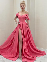 Formal Dress Websites, A-Line/Princess Off-the-Shoulder Sweep Train Satin Evening Dresses With Leg Slit