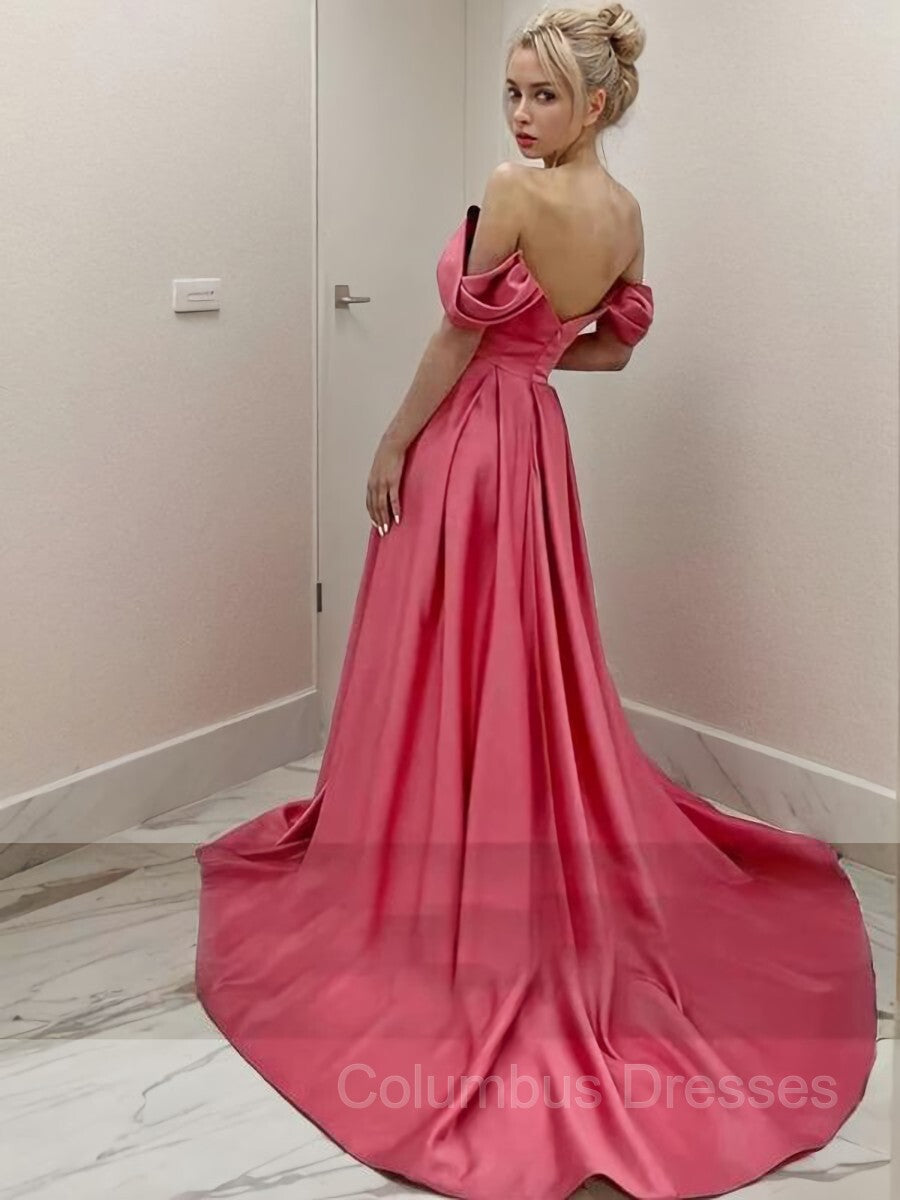 Formal Dress Website, A-Line/Princess Off-the-Shoulder Sweep Train Satin Evening Dresses With Leg Slit