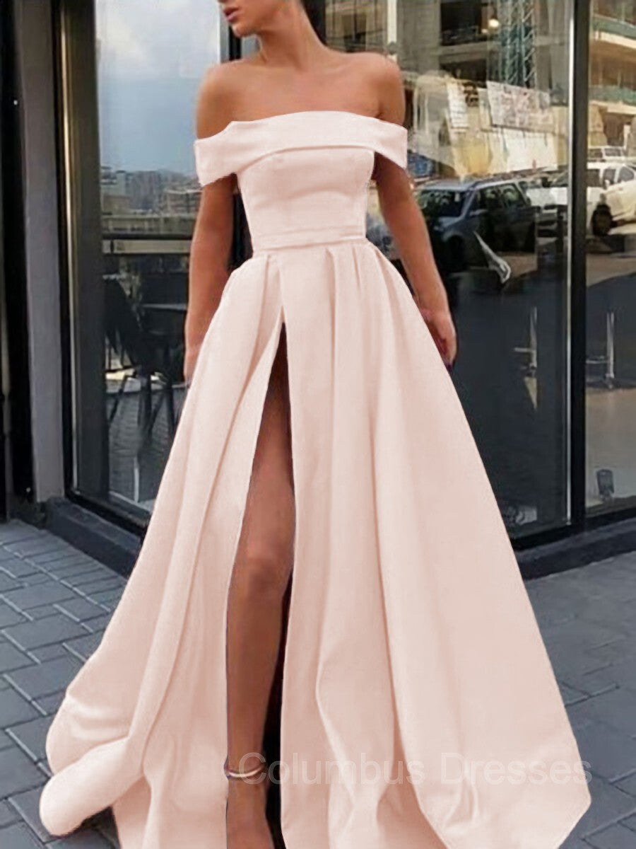 Sundress, A-Line/Princess Off-the-Shoulder Sweep Train Satin Prom Dresses With Leg Slit