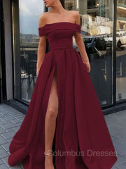 Hoco, A-Line/Princess Off-the-Shoulder Sweep Train Satin Prom Dresses With Leg Slit