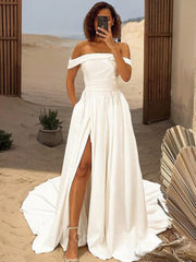 Wedding Dressing Gown, A-Line/Princess Off-the-Shoulder Sweep Train Satin Wedding Dresses With Leg Slit