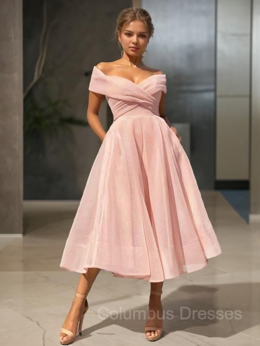 Bridesmaid Dresses Hunter Green, A-Line/Princess Off-the-Shoulder Tea-Length Homecoming Dresses