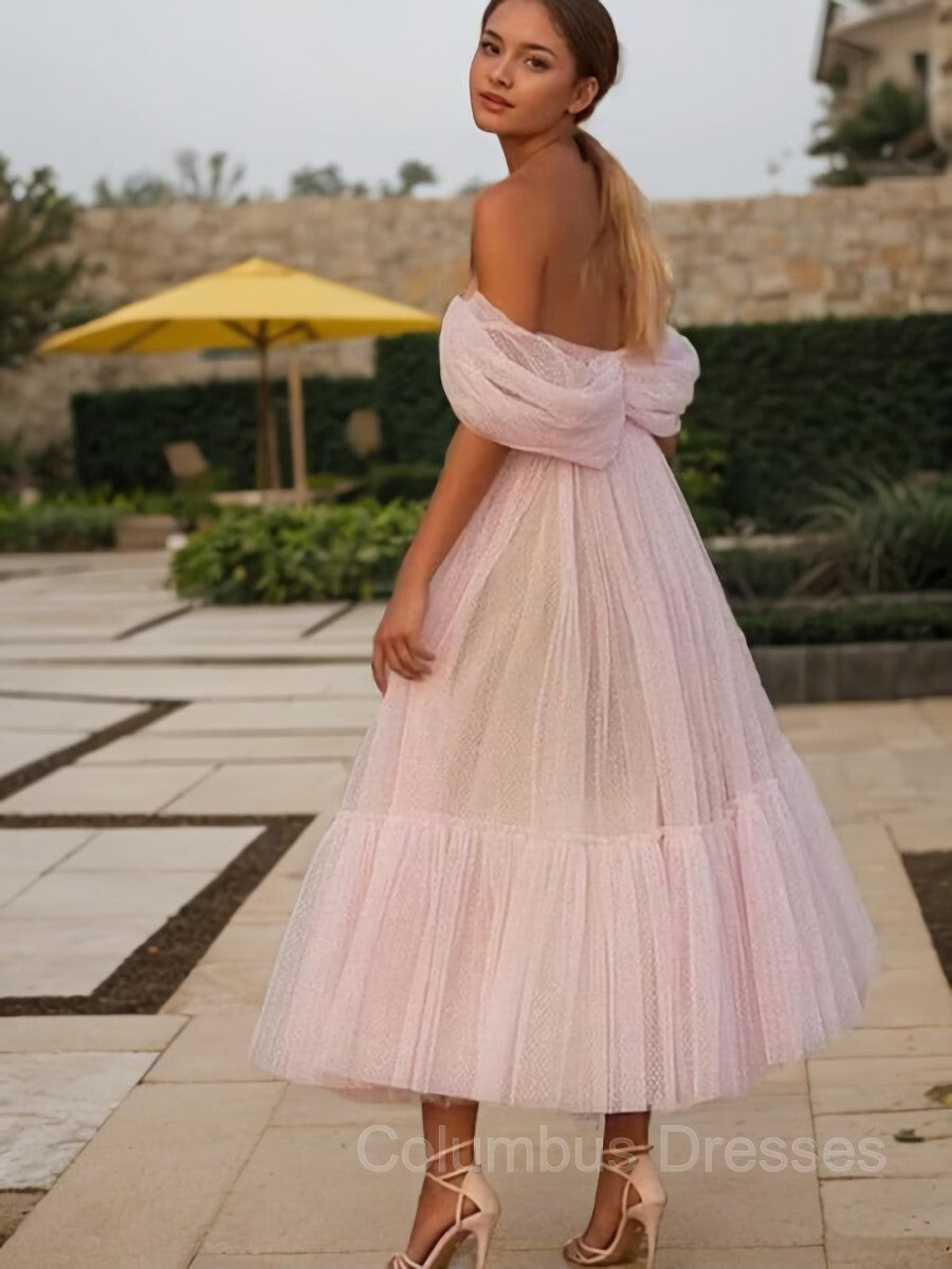 Prom Dress Long, A-Line/Princess Off-the-Shoulder Tea-Length Tulle Homecoming Dresses With Ruffles