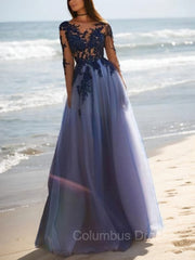 Party Dress Shop Near Me, A-Line/Princess Scoop Floor-Length Tulle Evening Dresses With Appliques Lace