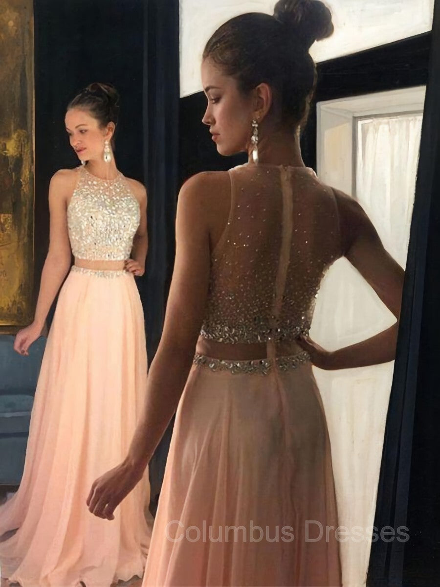 Short Dress, A-Line/Princess Scoop Sweep Train Chiffon Evening Dresses With Beading