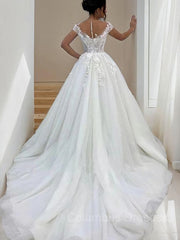 Wedding Dress Lace Sleeves, A-Line/Princess Scoop Sweep Train Tulle Wedding Dresses