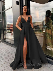 Prom Dresses Navy, A-Line/Princess Spaghetti Straps Floor-Length Satin Prom Dresses With Leg Slit