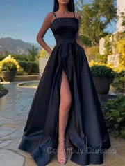 Evening Dress Designers, A-Line/Princess Spaghetti Straps Floor-Length Satin Prom Dresses With Leg Slit