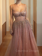 Formal Dresses Floral, A-Line/Princess Spaghetti Straps Floor-Length Tulle Prom Dresses With Beading